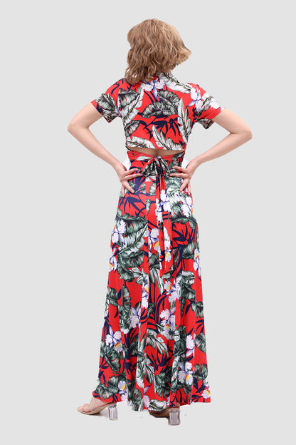 V-neck Allover Floral Side Slit Two-Piece Dress