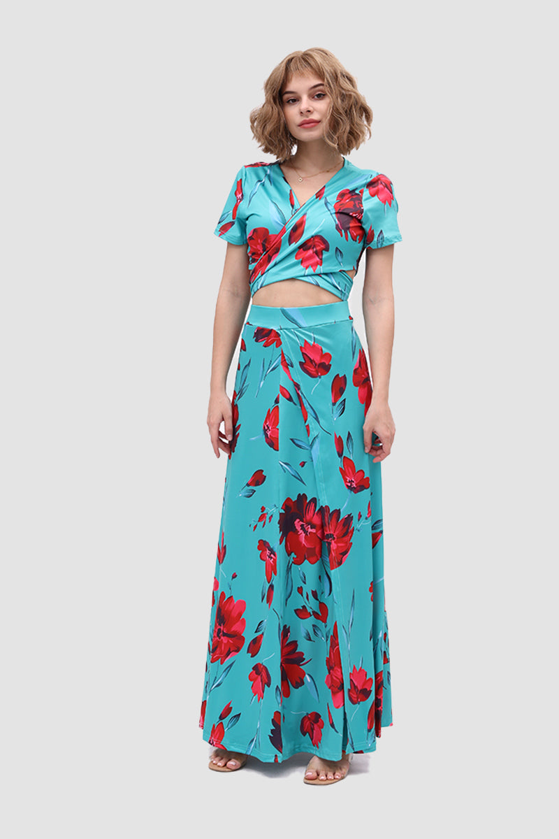 V-neck Allover Floral Side Slit Two-Piece Dress