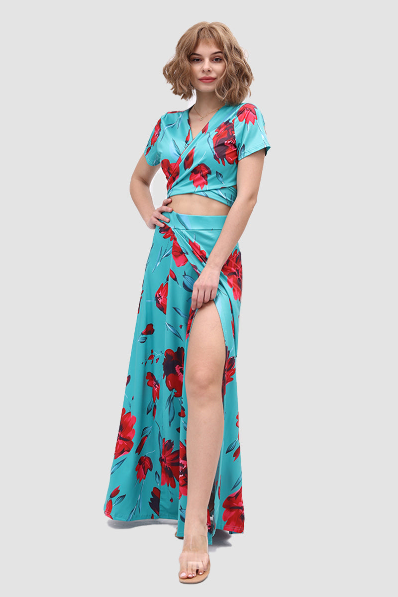 V-neck Allover Floral Side Slit Two-Piece Dress