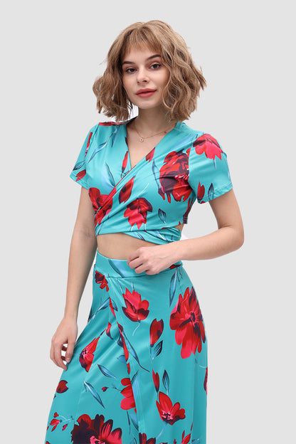 V-neck Allover Floral Side Slit Two-Piece Dress