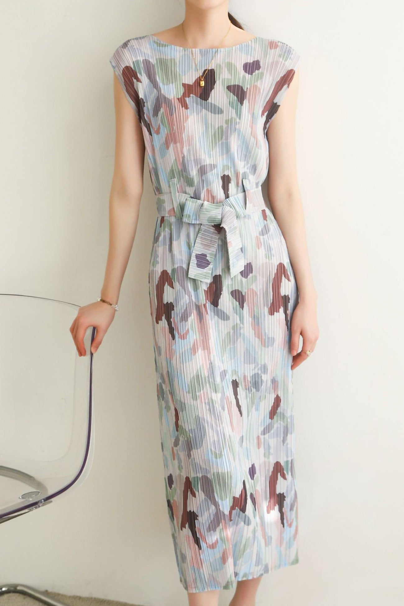 Full Pleated Printed Back Slit Dress