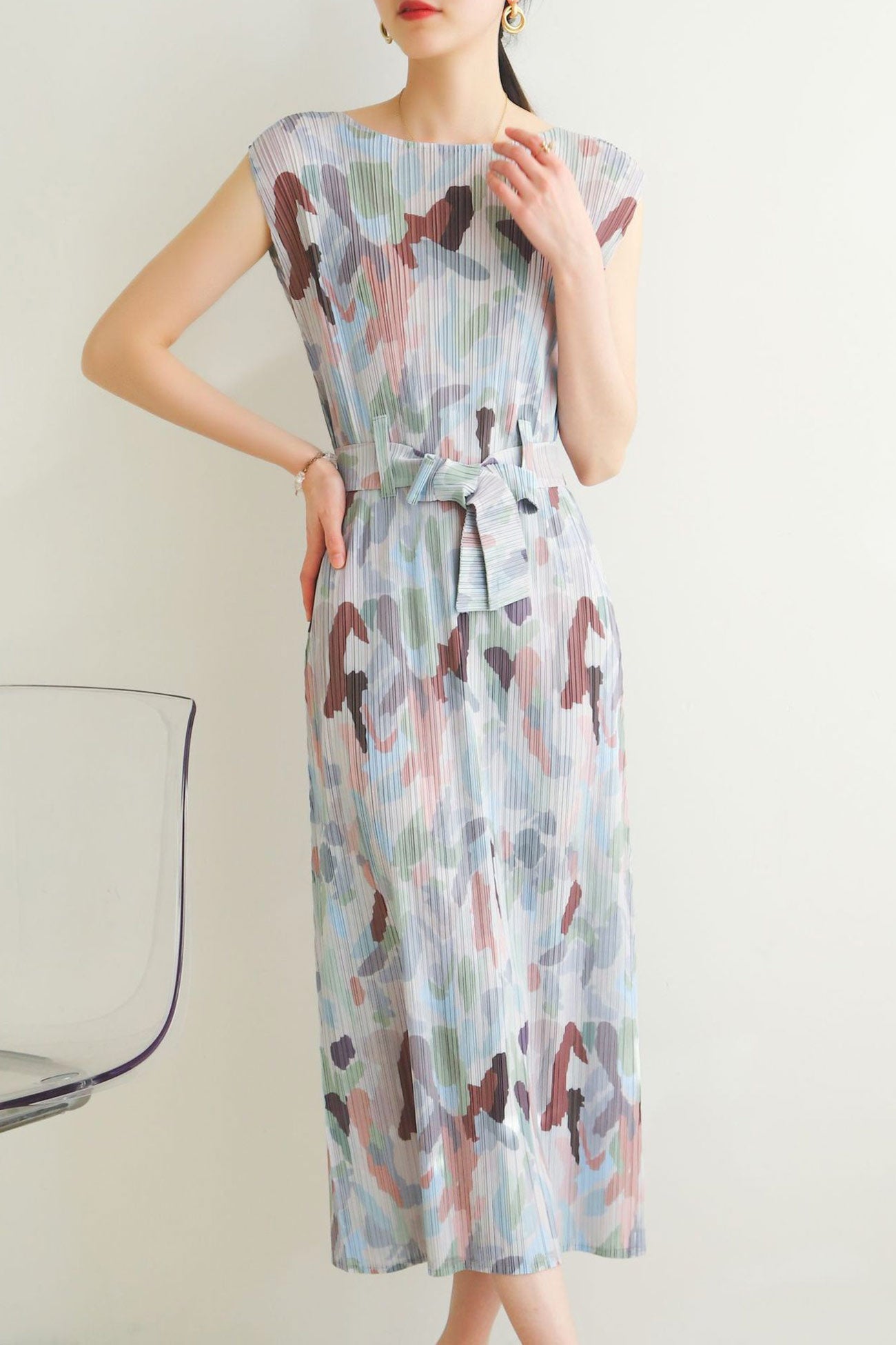 Full Pleated Printed Back Slit Dress