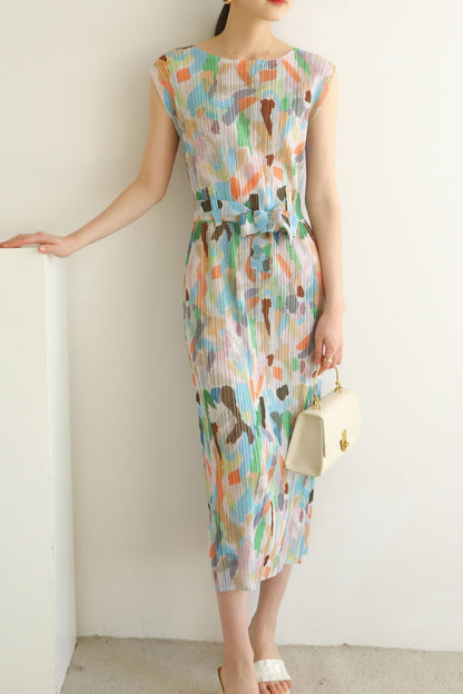 Full Pleated Printed Back Slit Dress