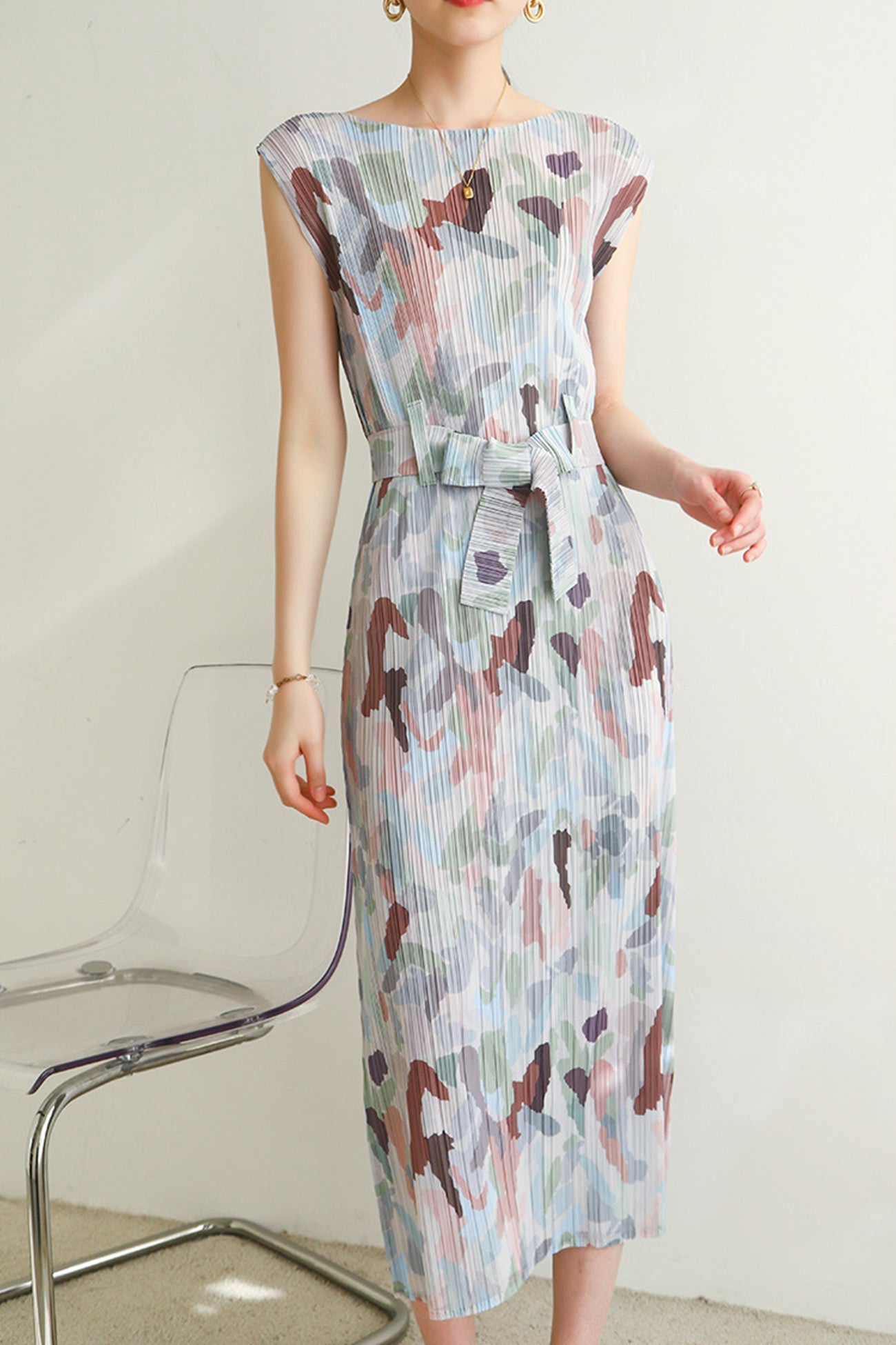 Full Pleated Printed Back Slit Dress