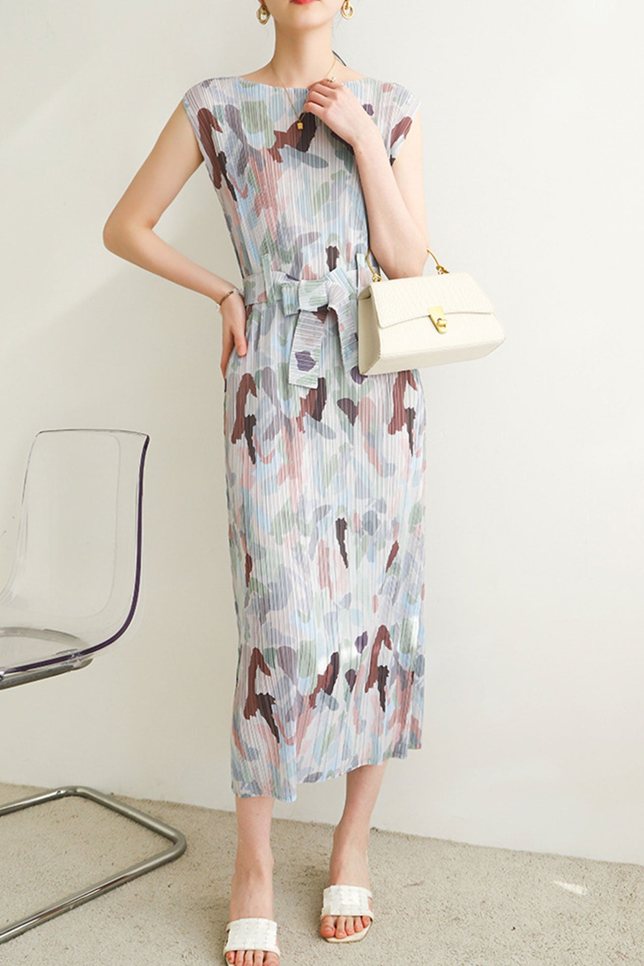 Full Pleated Printed Back Slit Dress