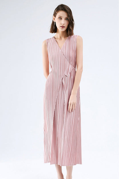 Fully Pleated Glossy Tie-Strap Dress