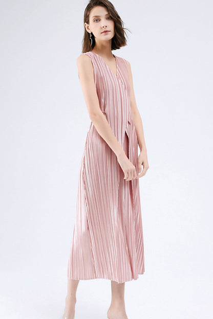 Fully Pleated Glossy Tie-Strap Dress