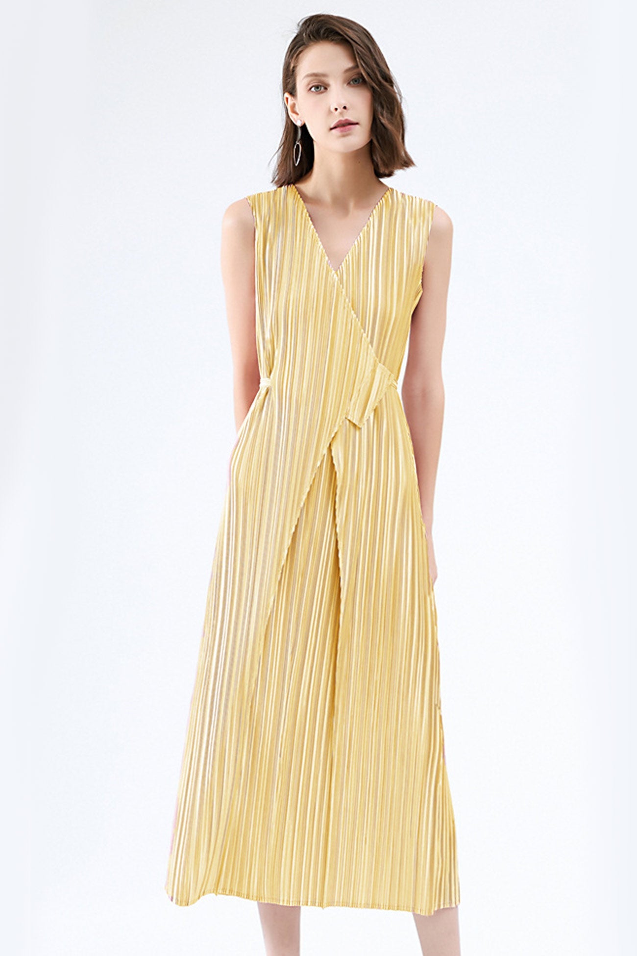 Fully Pleated Glossy Tie-Strap Dress