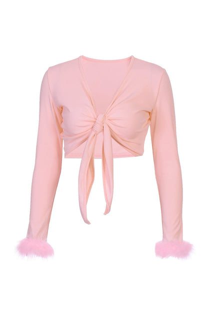 Fuzzy Cuff Tie-front Crop Top