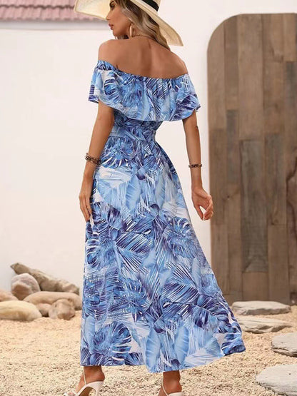 Backless Off Shoulder Slit Boho Maxi Dress