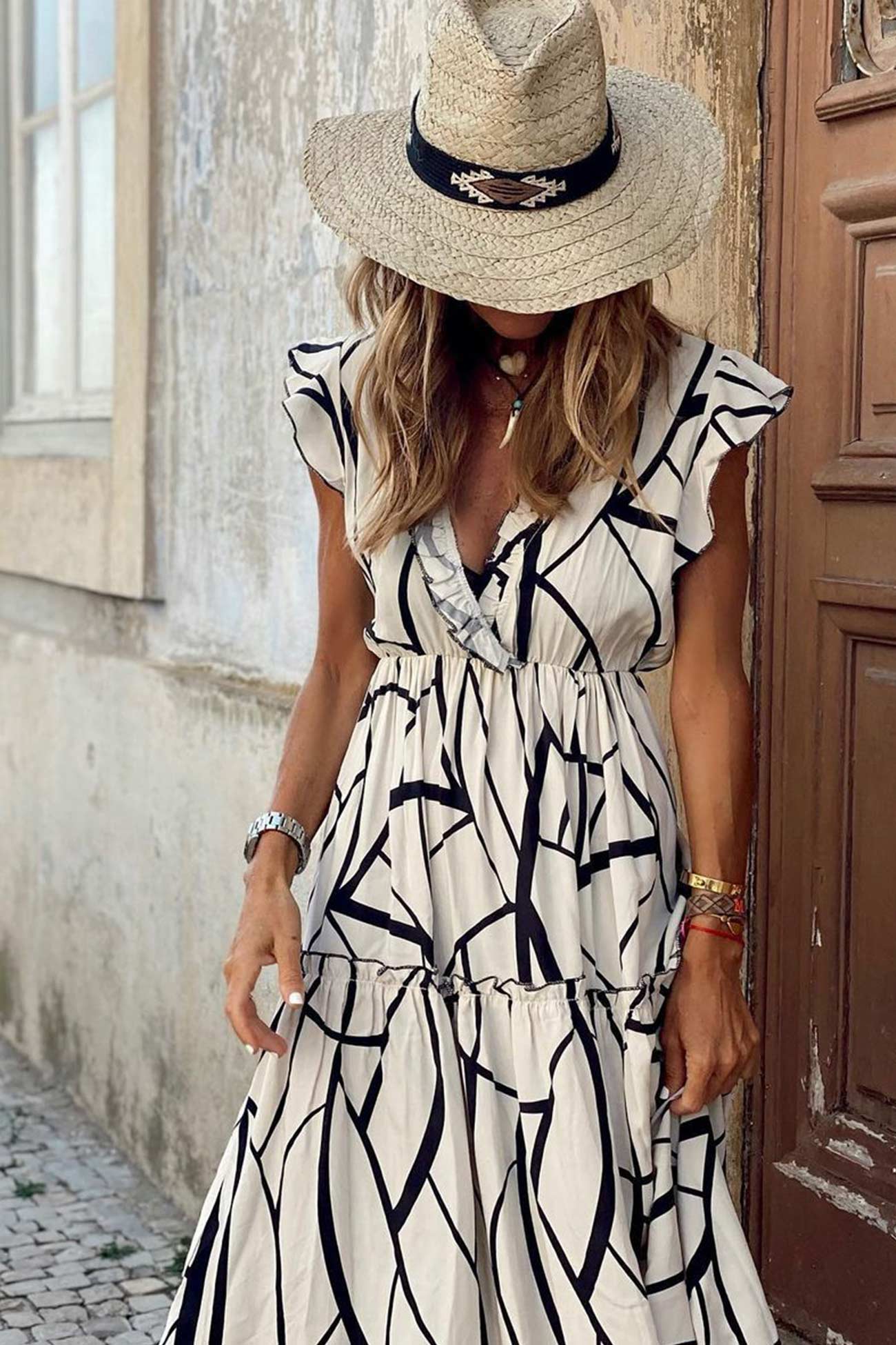 Geometric Print V Neck Ruffle Maxi Dress