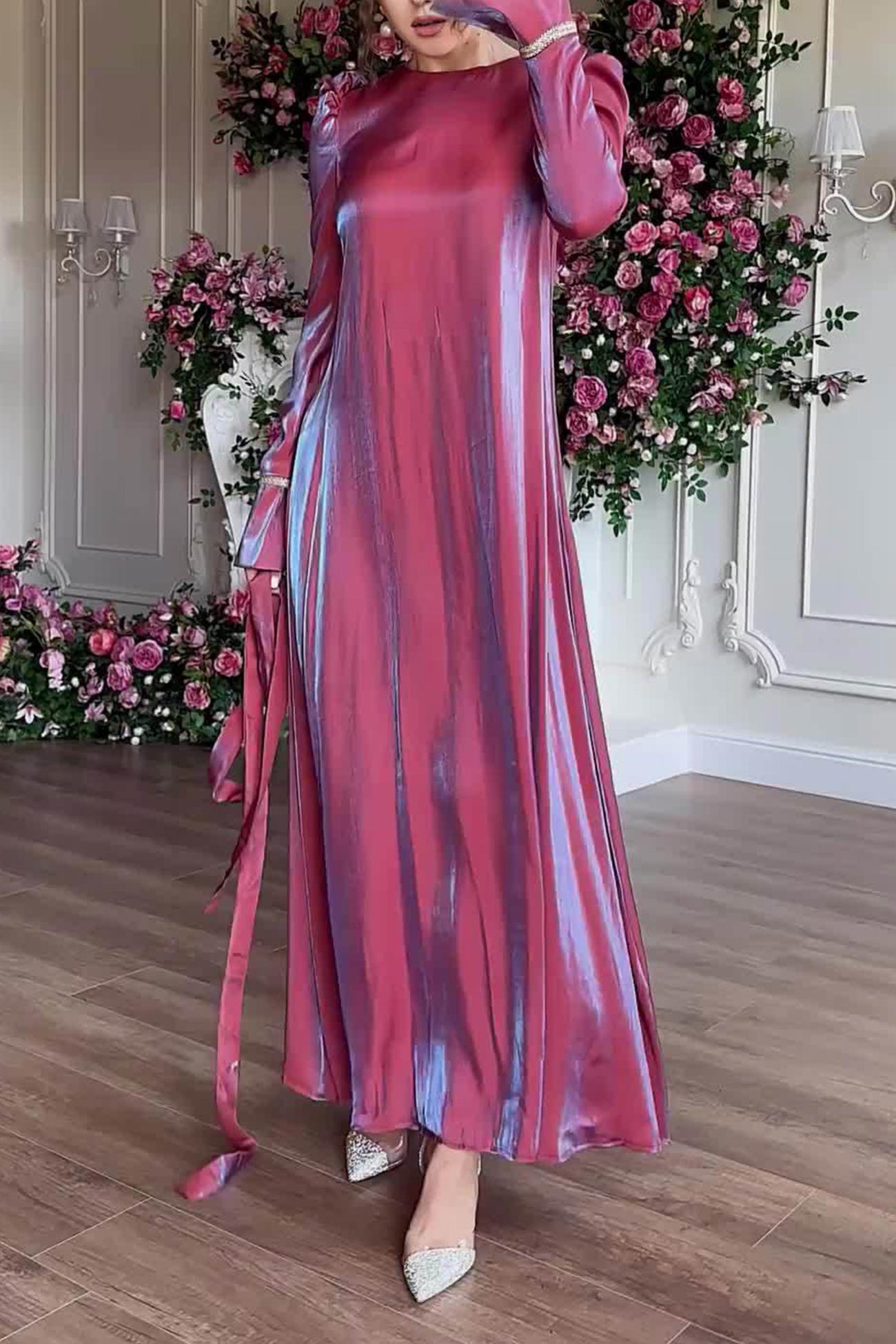 Glitter Glazed Satin Puff Sleeve Midi Dress