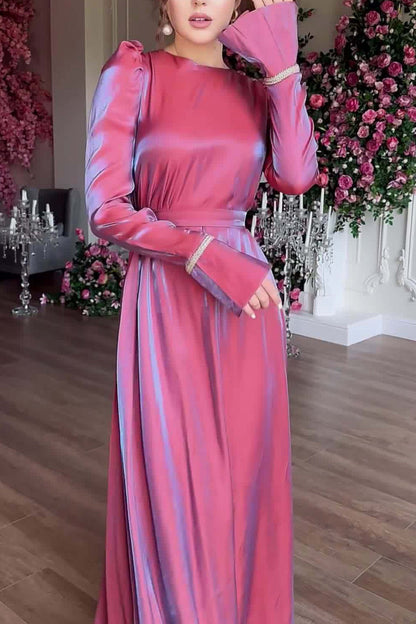 Glitter Glazed Satin Puff Sleeve Midi Dress