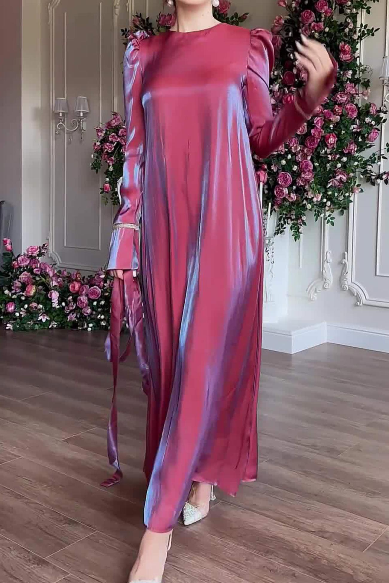 Glitter Glazed Satin Puff Sleeve Midi Dress