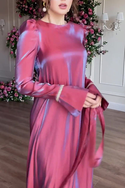 Glitter Glazed Satin Puff Sleeve Midi Dress