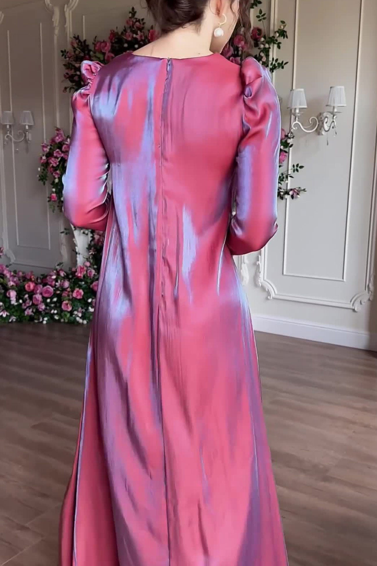 Glitter Glazed Satin Puff Sleeve Midi Dress