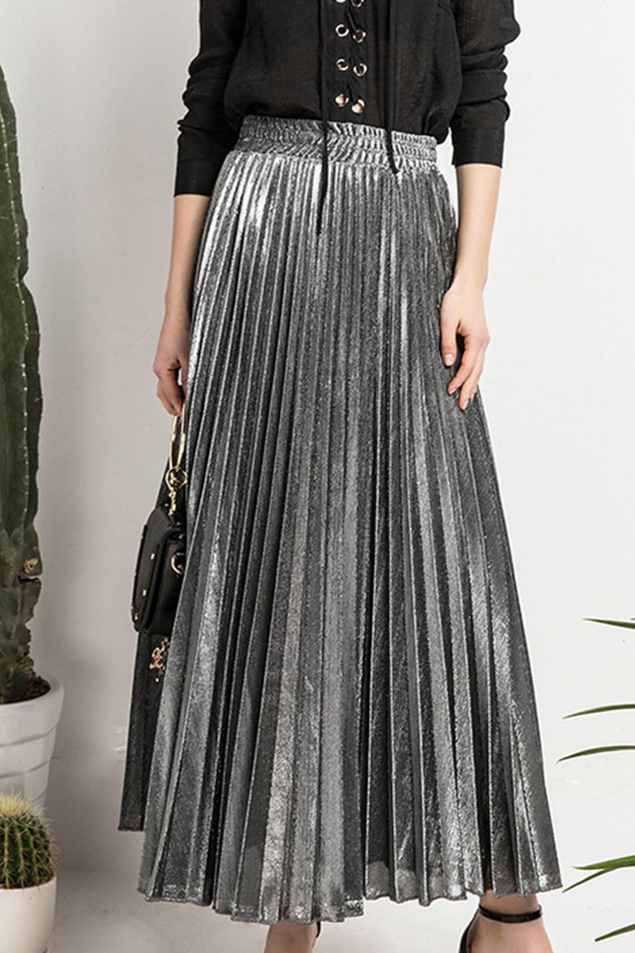 Glitter Pleated Midi Skirt