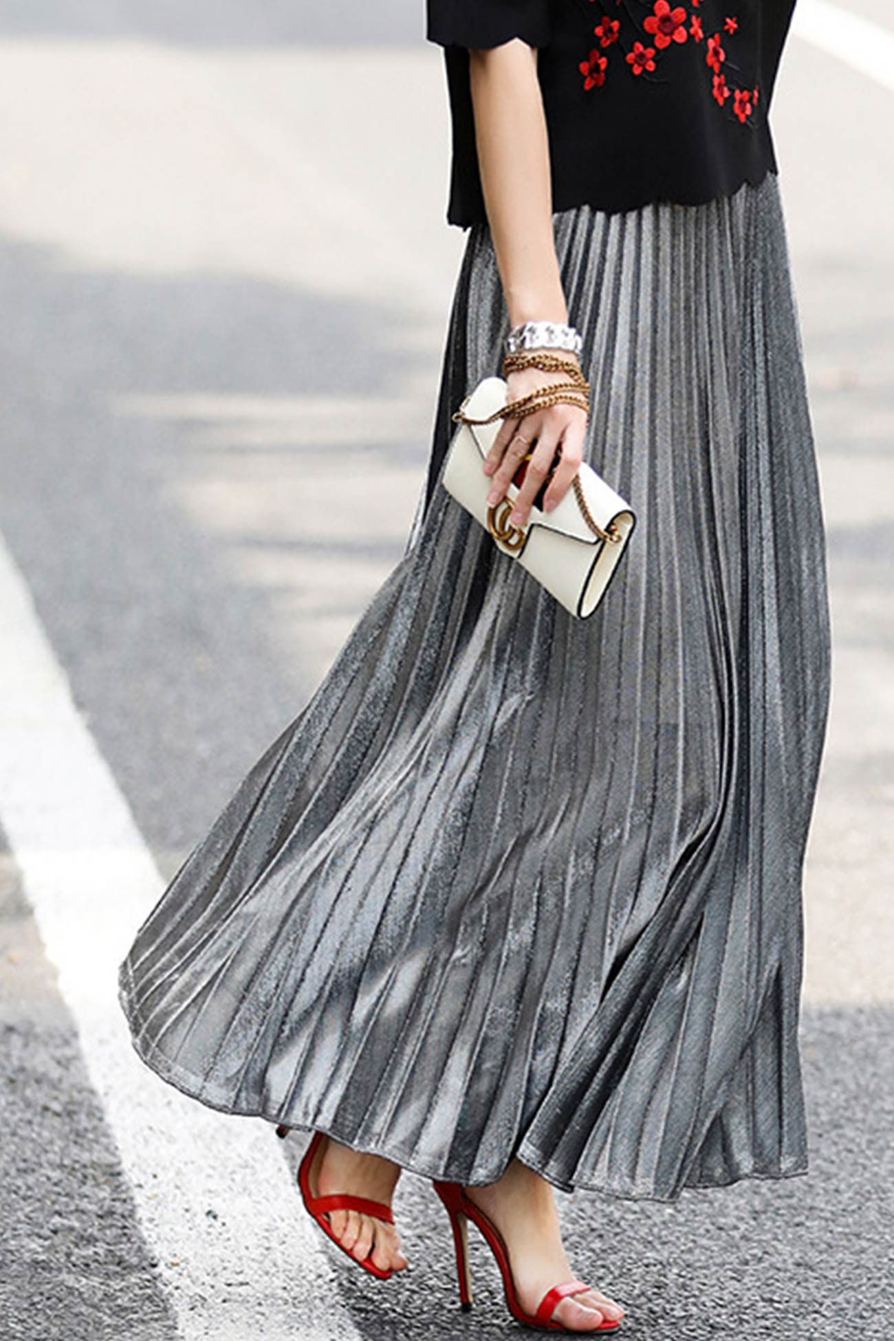 Glitter Pleated Midi Skirt