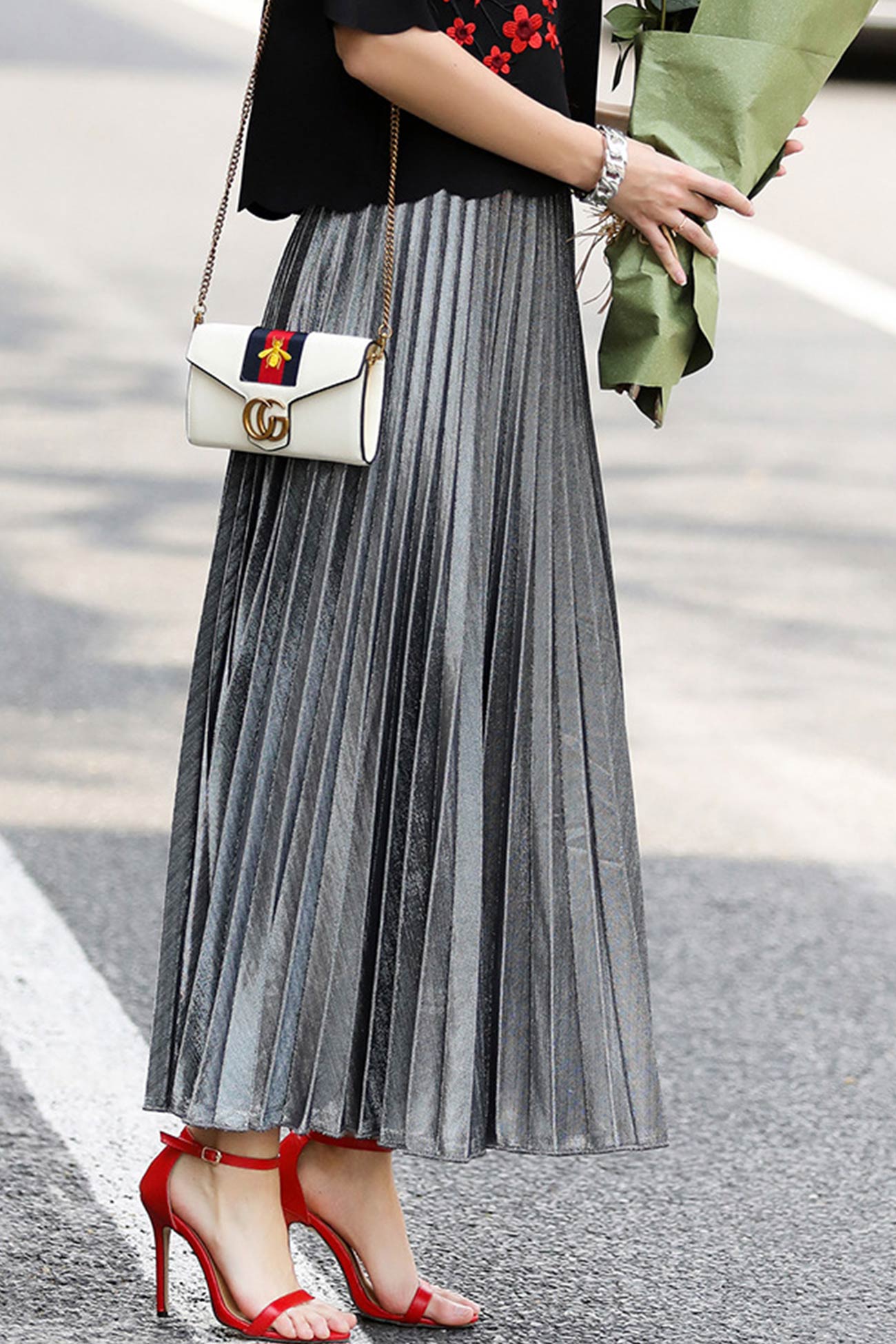 Glitter Pleated Midi Skirt