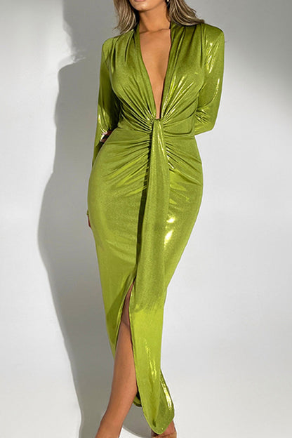 Glossy V Neck Ruched Slit Dress