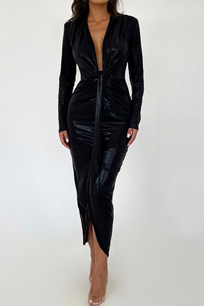 Glossy V Neck Ruched Slit Dress