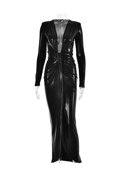 Glossy V Neck Ruched Slit Dress