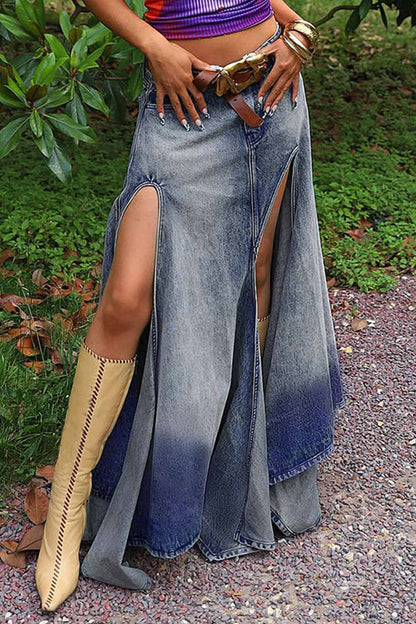 Gradient Low-waisted Irregular High Slit Denim Skirt