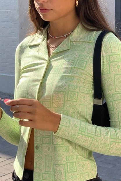 Green Lapel Printed Blouse