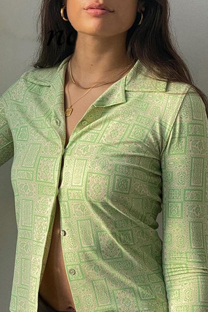 Green Lapel Printed Blouse