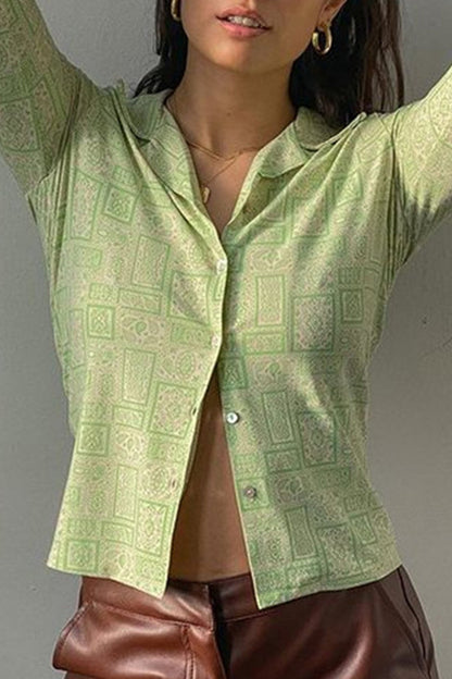 Green Lapel Printed Blouse