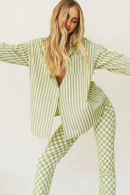 Green Striped Long Sleeve Shirts