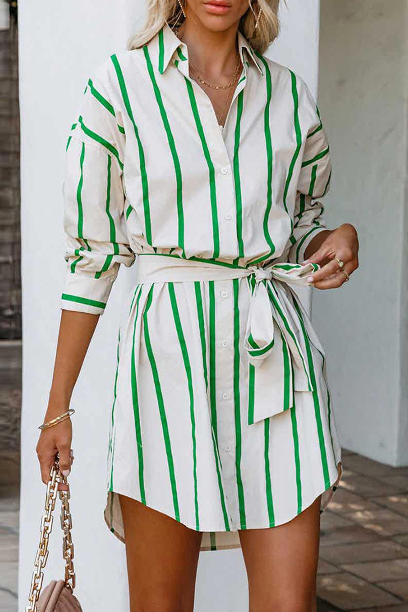 Green Striped Print Lace-up Shirt Dress