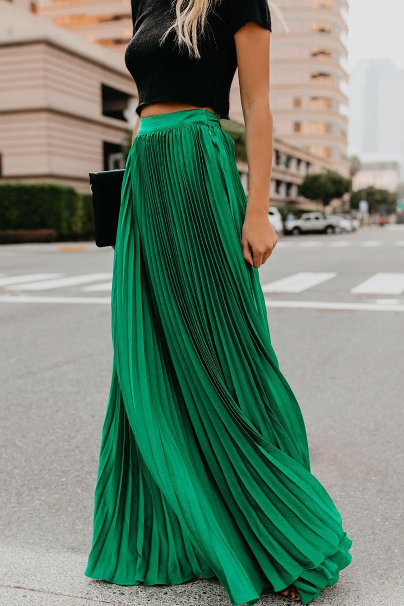 Solid Color High Waist Pleated Maxi Skirt