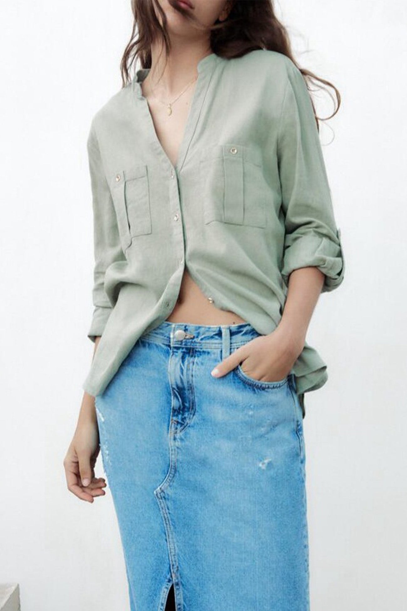 V-neck Pocket Roll-up Sleeve Button-Up Blouse