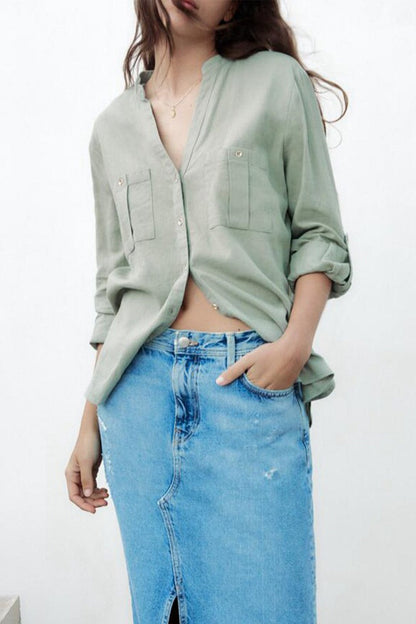 V-neck Pocket Roll-up Sleeve Button-Up Blouse