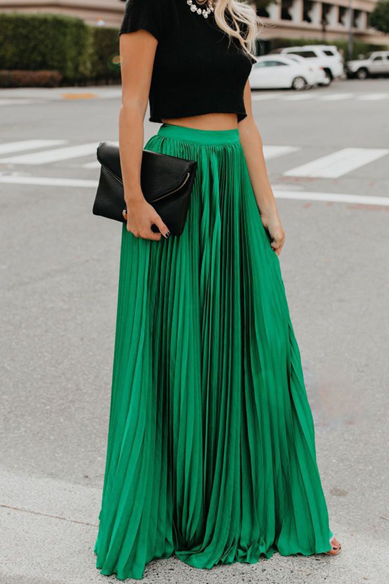 Solid Color High Waist Pleated Maxi Skirt