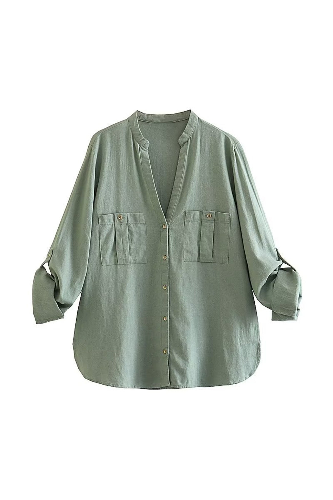 V-neck Pocket Roll-up Sleeve Button-Up Blouse