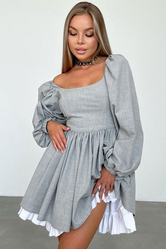 Grey High Waist A-Line Babydoll Dress