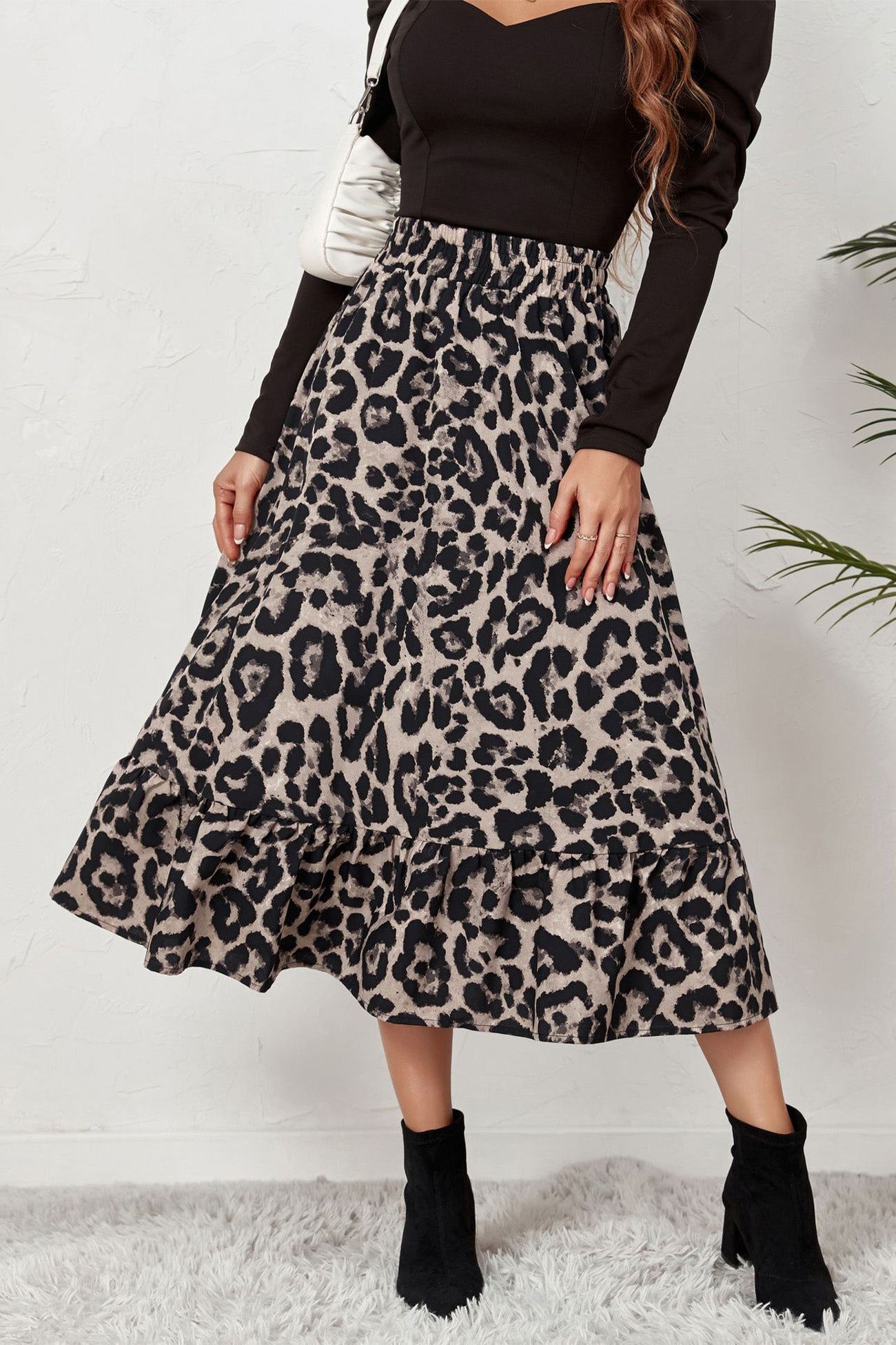 Leopard Print Hem Pleated High Waist Skirt