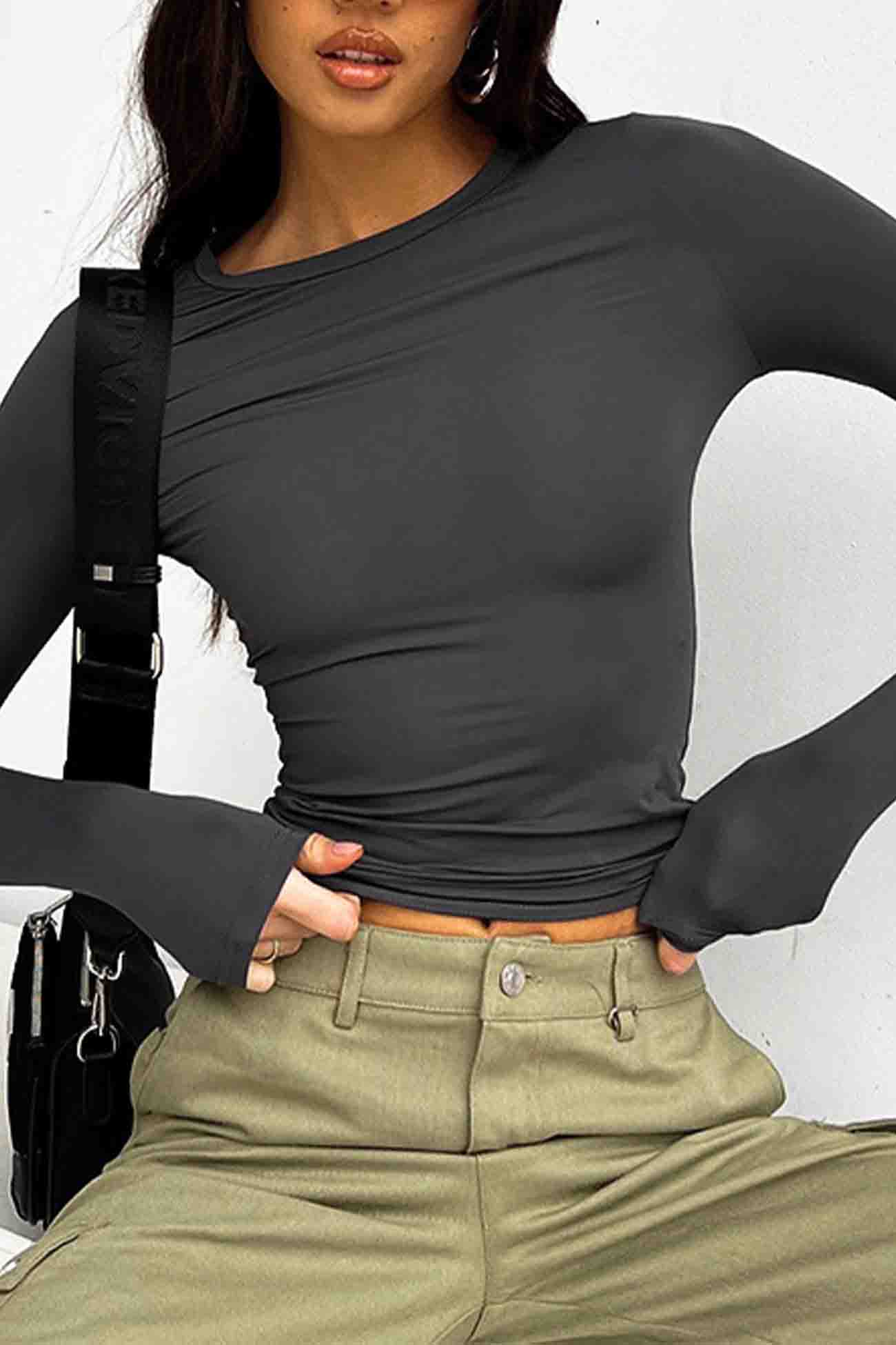 Solid Long Sleeve Crew Neck Top