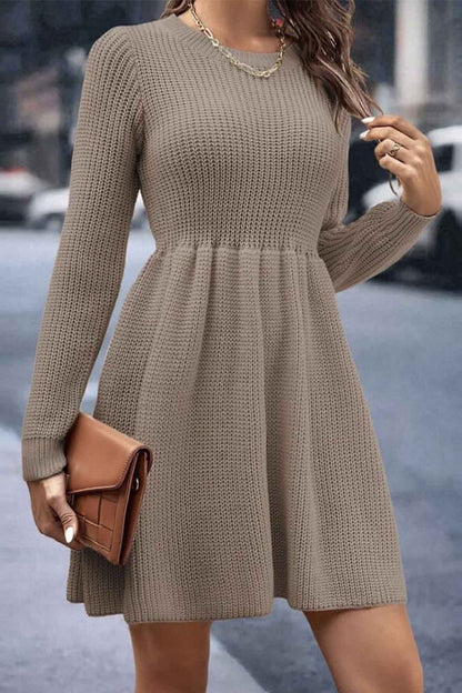 Solid Color Shirring Long Sleeve Knitted Dress