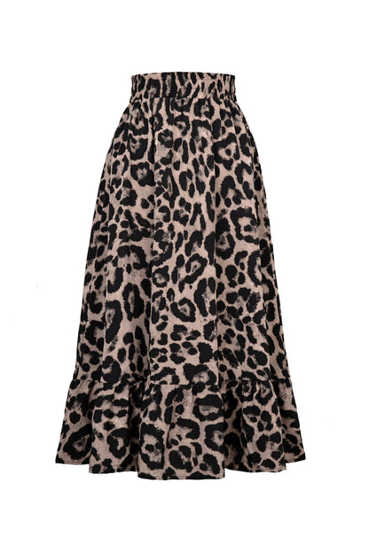 Leopard Print Hem Pleated High Waist Skirt