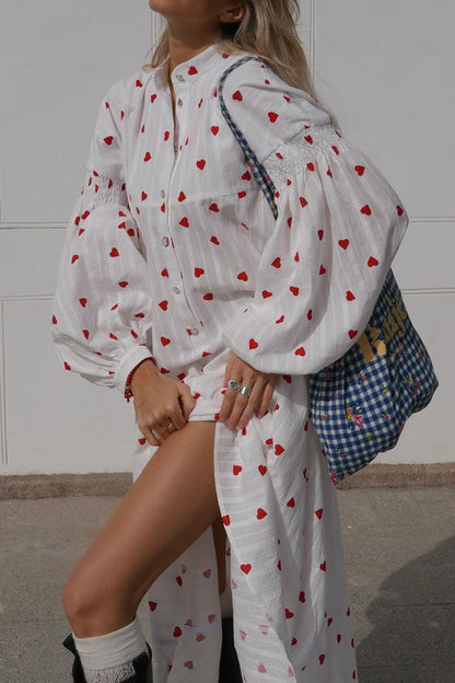 Heart Print Puff Sleeve Single-breasted Cotton Dress