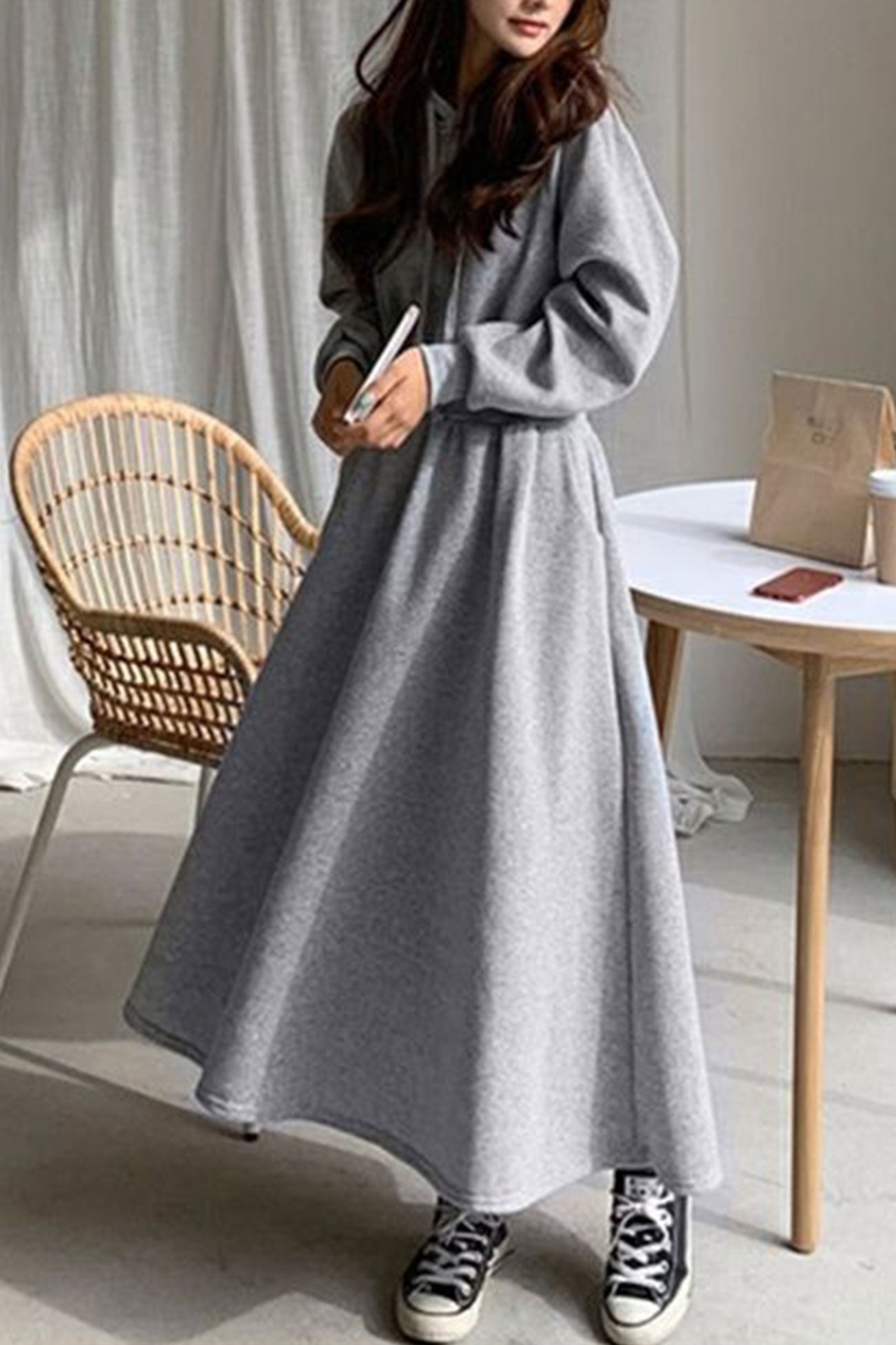 High Elastic Waist Long Hoodie Dress