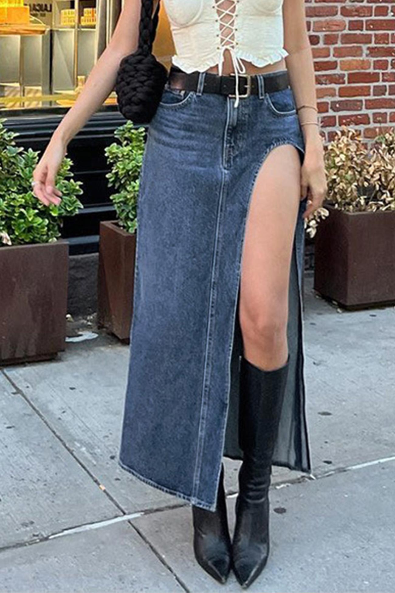 High Waist High Slit Denim Skirt