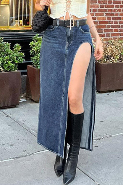 High Waist High Slit Denim Skirt