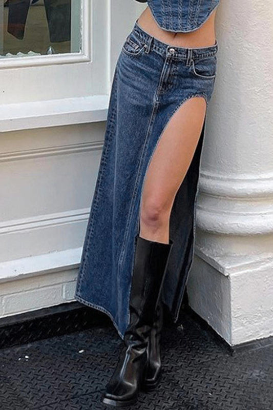 High Waist High Slit Denim Skirt