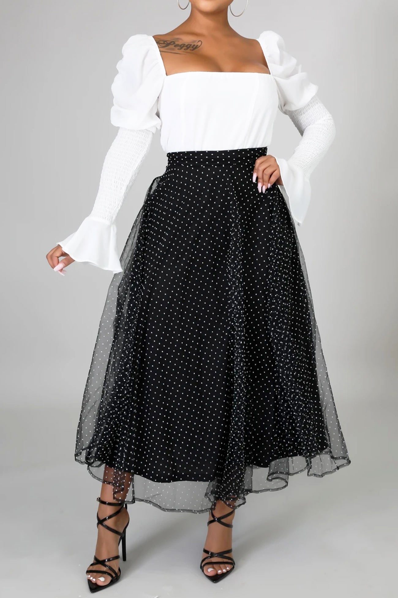 High Waist Polka Dot Mesh Skirt