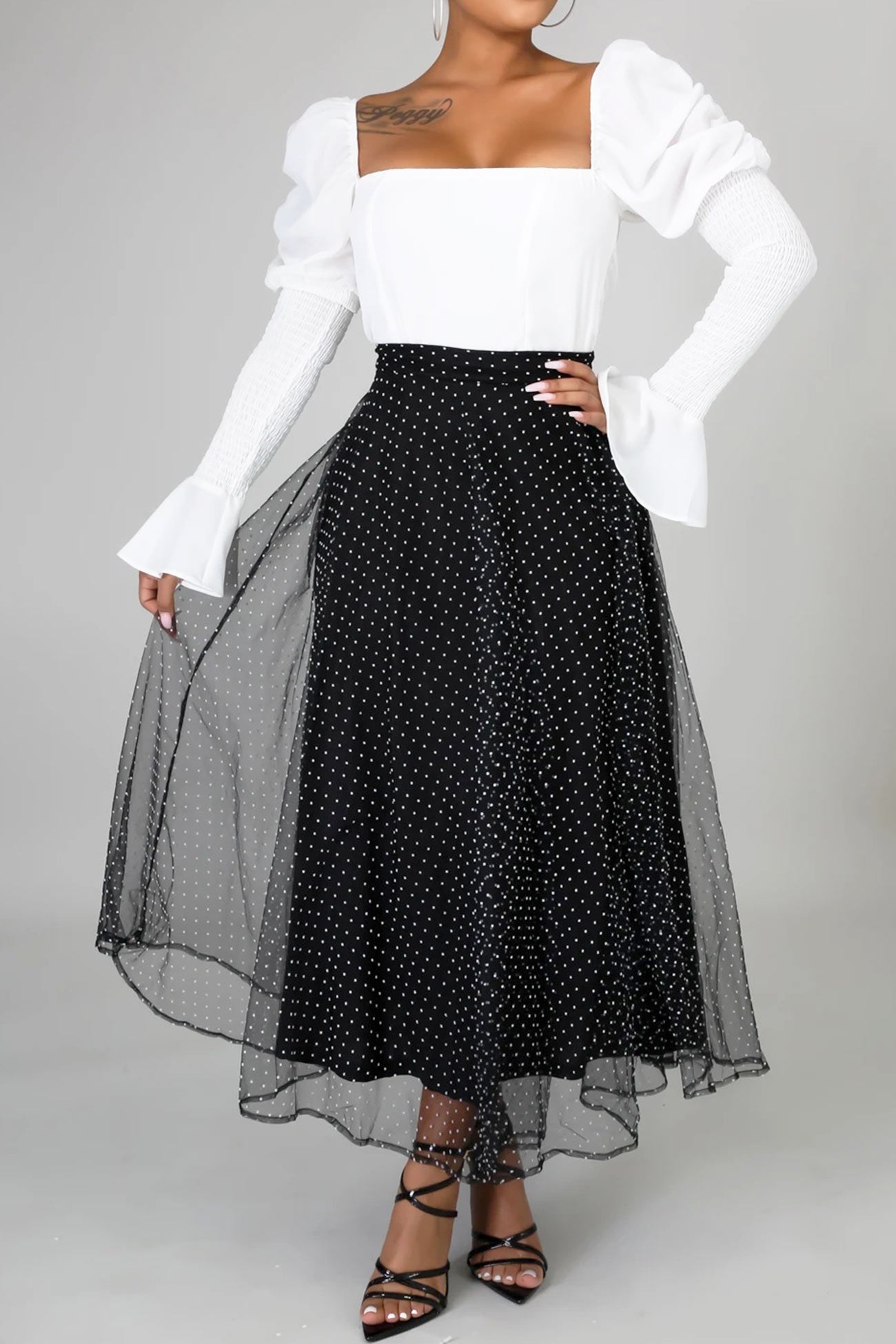 High Waist Polka Dot Mesh Skirt