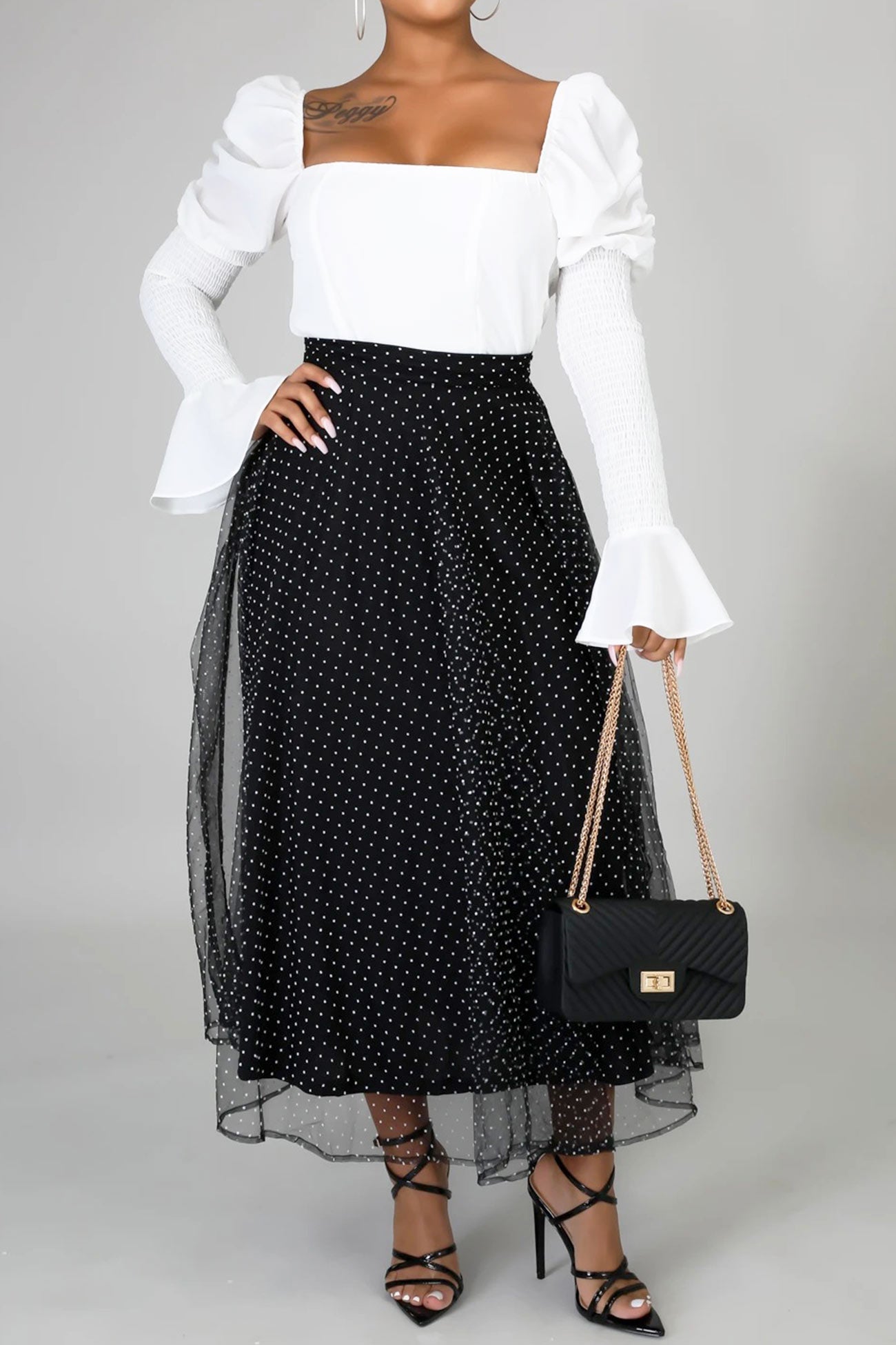 High Waist Polka Dot Mesh Skirt